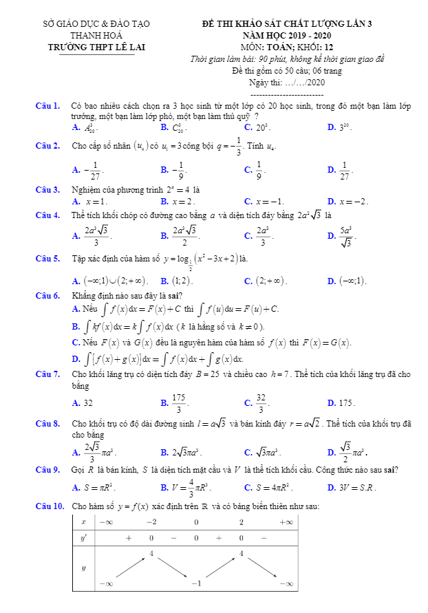 Đề khảo sát lớp 12 môn Toán lần 3 năm 2019 2020 trường THPT Lê Lai Thanh Hóa