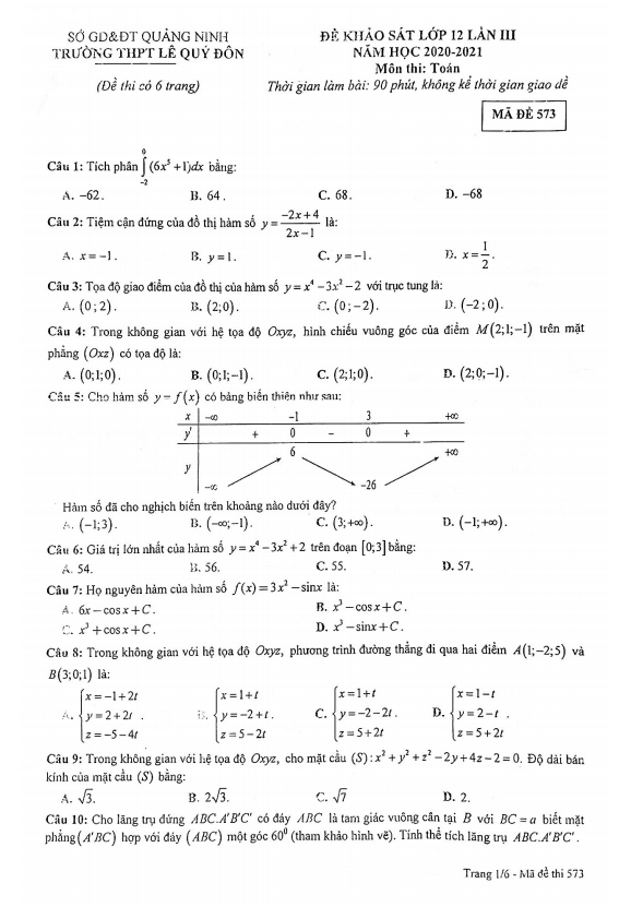 Đề khảo sát lớp 12 môn Toán lần 3 năm 2020 2021 trường Lê Quý Đôn Quảng Ninh