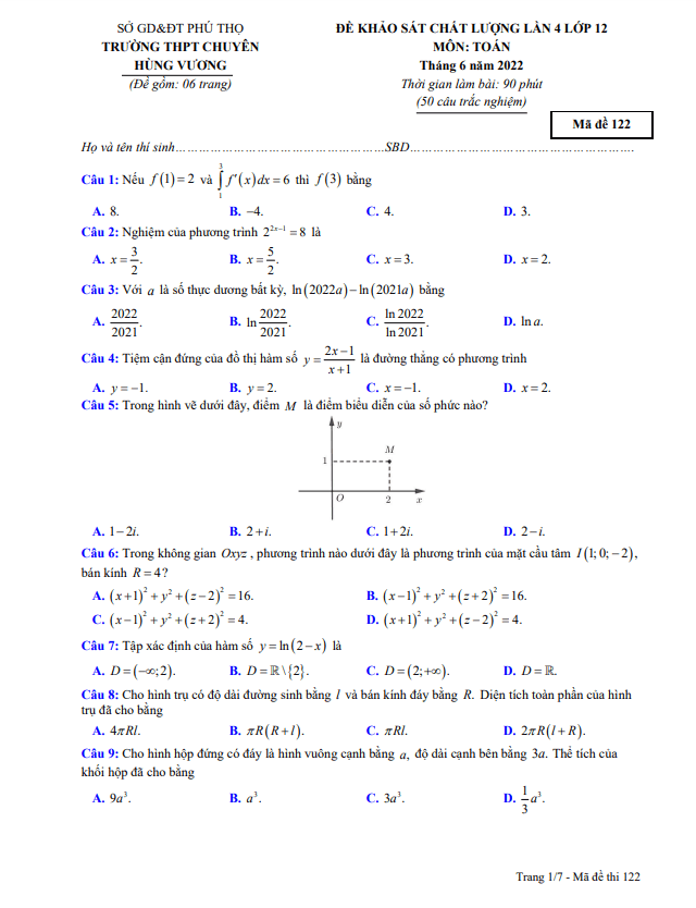 Đề khảo sát lớp 12 môn Toán lần 4 năm 2022 trường chuyên Hùng Vương Phú Thọ