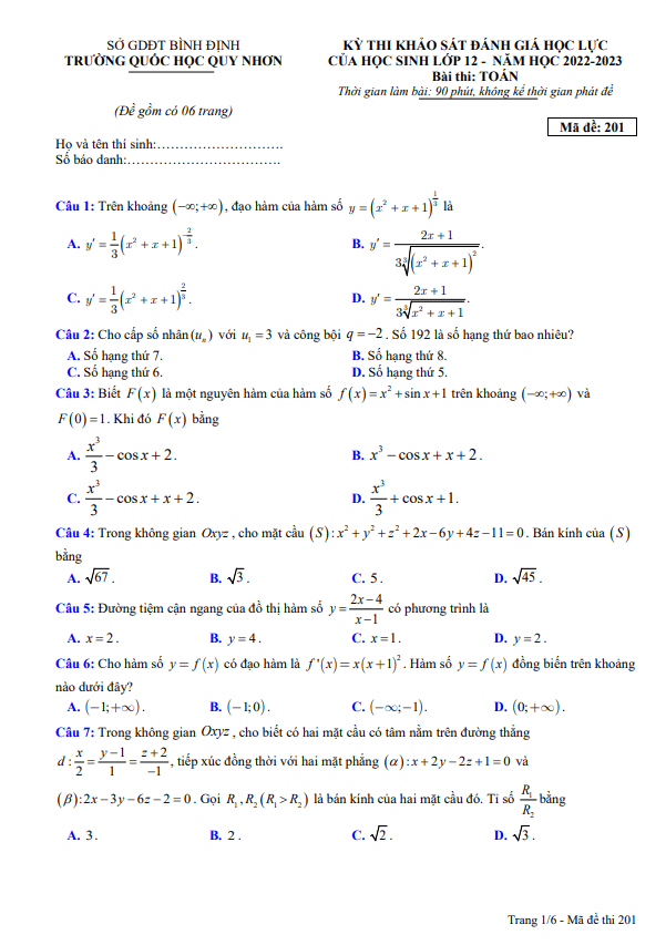 Đề khảo sát lớp 12 môn Toán năm 2022 2023 trường Quốc Học Quy Nhơn Bình Định