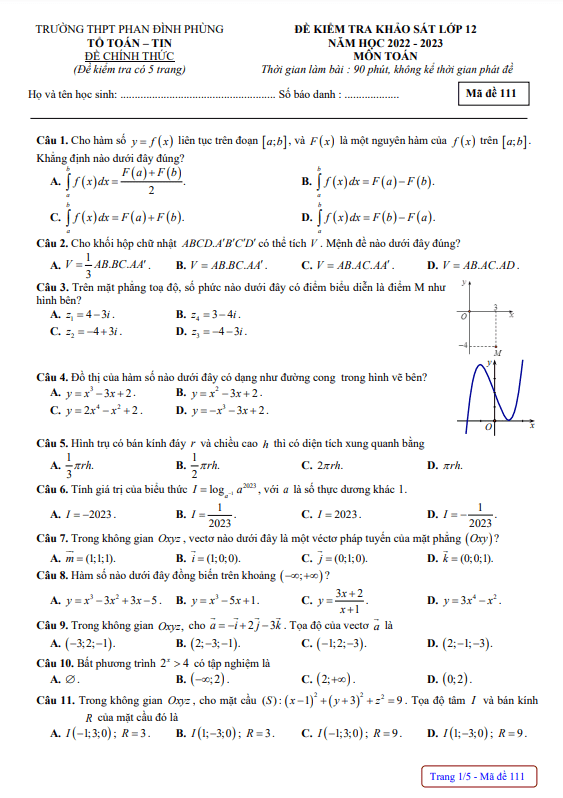 Đề khảo sát lớp 12 môn Toán năm 2022 2023 trường THPT Phan Đình Phùng Hà Nội
