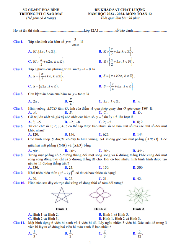 Đề khảo sát lớp 12 môn Toán năm 2023 2024 trường PTLC Sao Mai Hòa Bình