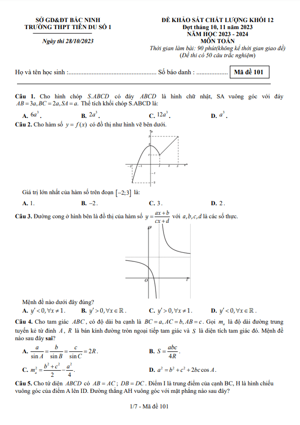 Đề khảo sát lớp 12 môn Toán năm 2023 2024 trường THPT Tiên Du 1 Bắc Ninh