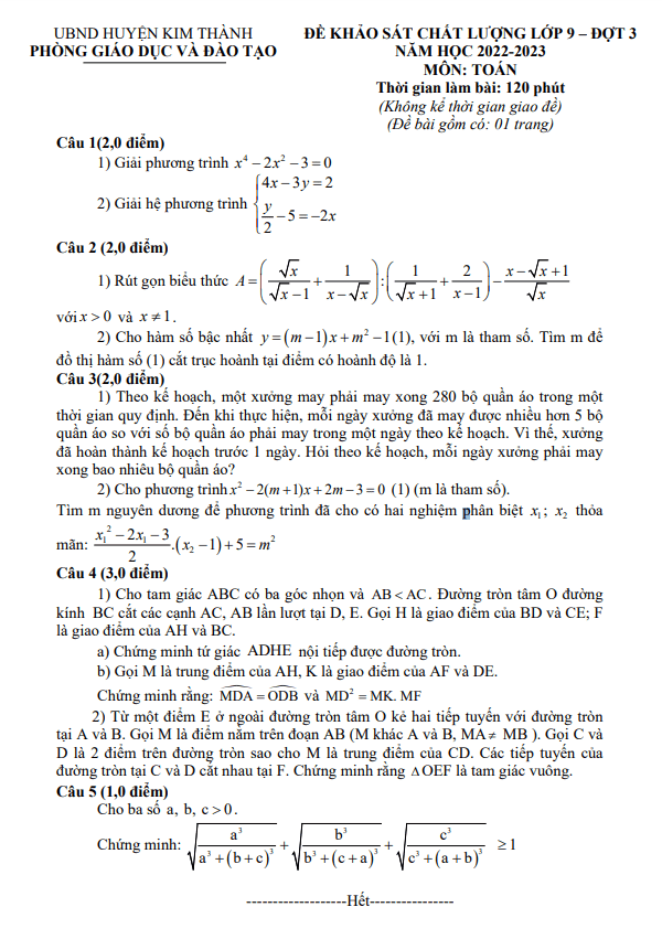 Đề khảo sát lớp 9 môn Toán đợt 3 năm 2022 2023 phòng GD ĐT Kim Thành Hải Dương