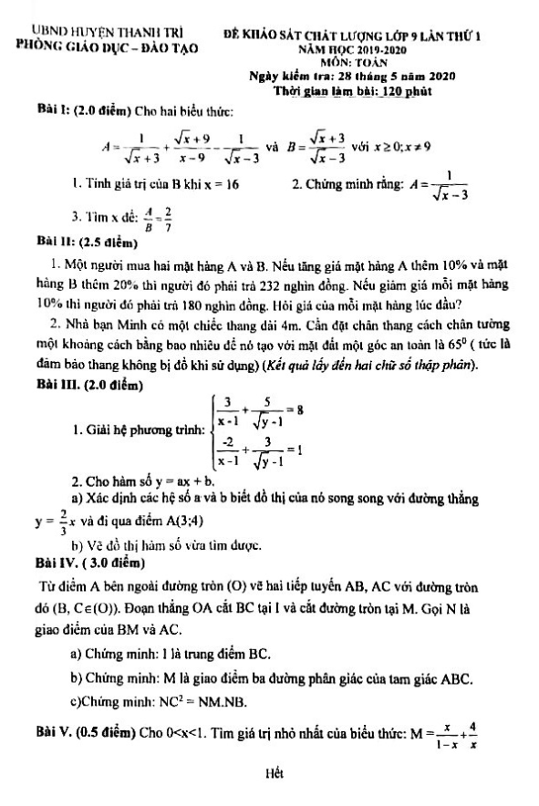 Đề khảo sát lớp 9 môn Toán lần 1 năm 2019 2020 phòng GD ĐT Thanh Trì Hà Nội