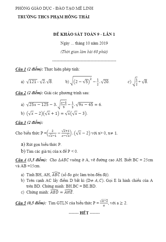 Đề khảo sát lớp 9 môn Toán lần 1 năm 2019 2020 trường Phạm Hồng Thái Hà Nội