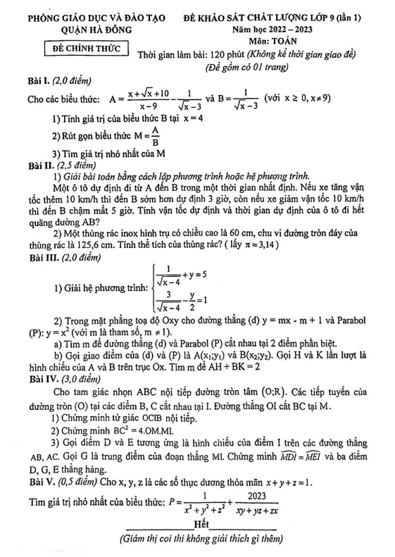 Đề khảo sát lớp 9 môn Toán lần 1 năm 2022 2023 phòng GD ĐT Hà Đông Hà Nội