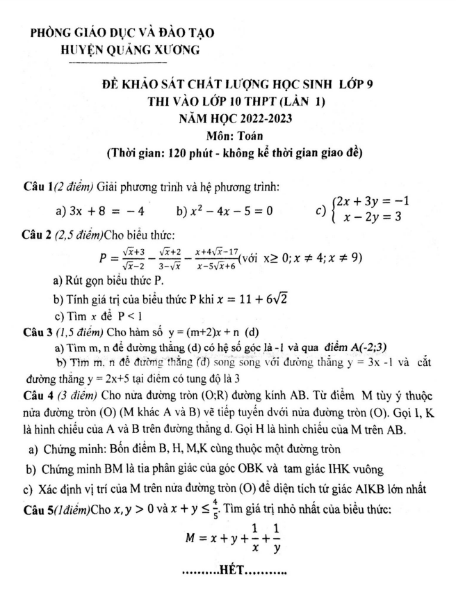 Đề khảo sát lớp 9 môn Toán lần 1 năm 2022 2023 phòng GD ĐT Quảng Xương Thanh Hoá