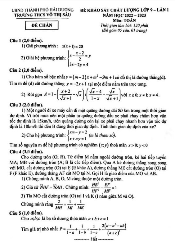 Đề khảo sát lớp 9 môn Toán lần 1 năm 2022 2023 trường THCS Võ Thị Sáu Hải Dương