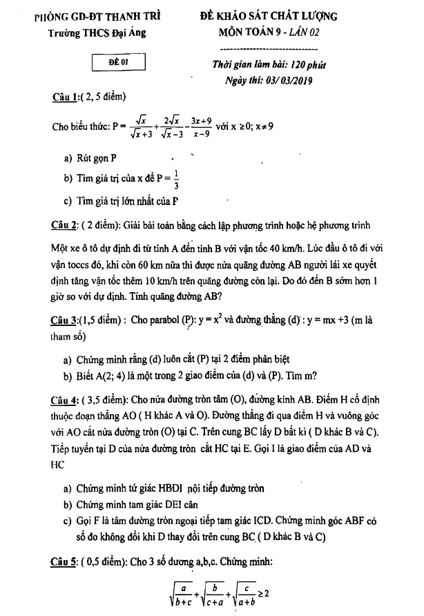 Đề khảo sát lớp 9 môn Toán lần 2 năm 2018 2019 trường THCS Đại Áng Hà Nội