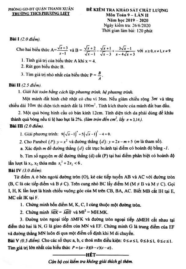 Đề khảo sát lớp 9 môn Toán lần 2 năm 2019 2020 trường THCS Phương Liệt Hà Nội