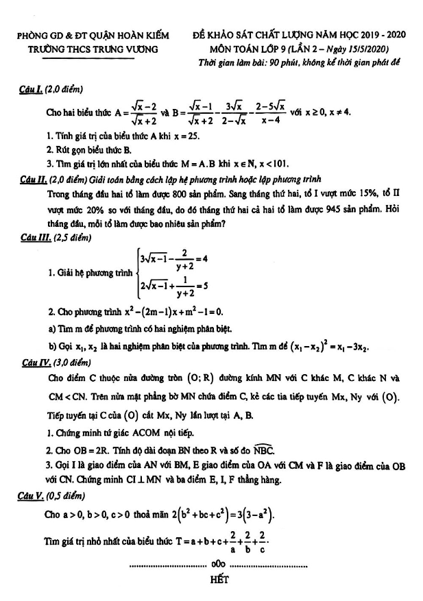 Đề khảo sát lớp 9 môn Toán lần 2 năm 2019 2020 trường THCS Trưng Vương Hà Nội