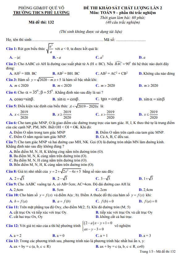 Đề khảo sát lớp 9 môn Toán lần 2 năm 2020 2021 trường THCS Phù Lương Bắc Ninh