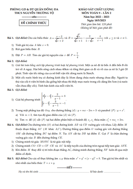 Đề khảo sát lớp 9 môn Toán lần 2 năm 2022 2023 trường THCS Nguyễn Trường Tộ Hà Nội