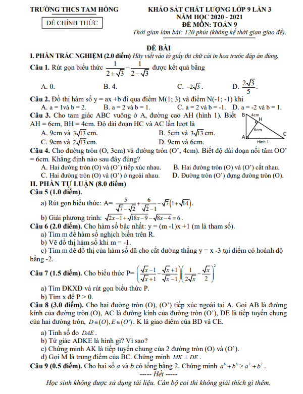 Đề khảo sát lớp 9 môn Toán lần 3 năm 2020 2021 trường THCS Tam Hồng Vĩnh Phúc