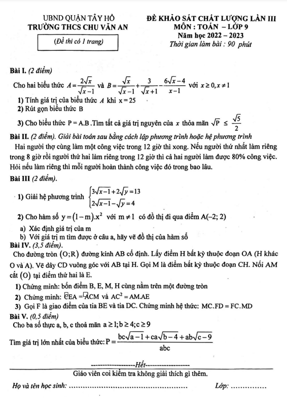 Đề khảo sát lớp 9 môn Toán lần 3 năm 2022 2023 trường THCS Chu Văn An Hà Nội
