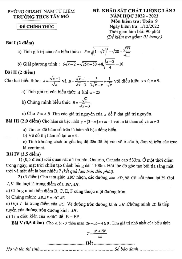 Đề khảo sát lớp 9 môn Toán lần 3 năm 2022 2023 trường THCS Tây Mỗ Hà Nội
