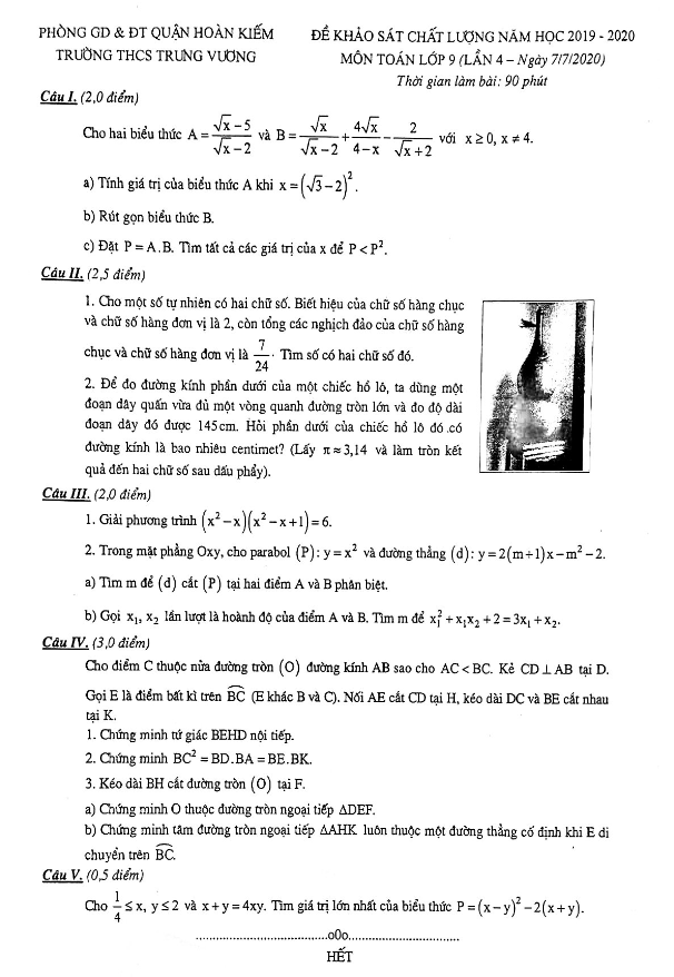 Đề khảo sát lớp 9 môn Toán lần 4 năm 2019 2020 trường THCS Trưng Vương Hà Nội