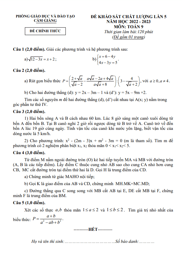 Đề khảo sát lớp 9 môn Toán lần 5 năm 2022 2023 phòng GD ĐT Cẩm Giàng Hải Dương