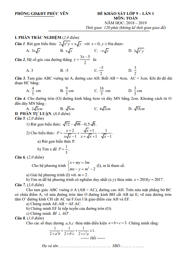 Đề khảo sát lớp 9 môn Toán năm 2018 2019 phòng GD ĐT Phúc Yên Vĩnh Phúc