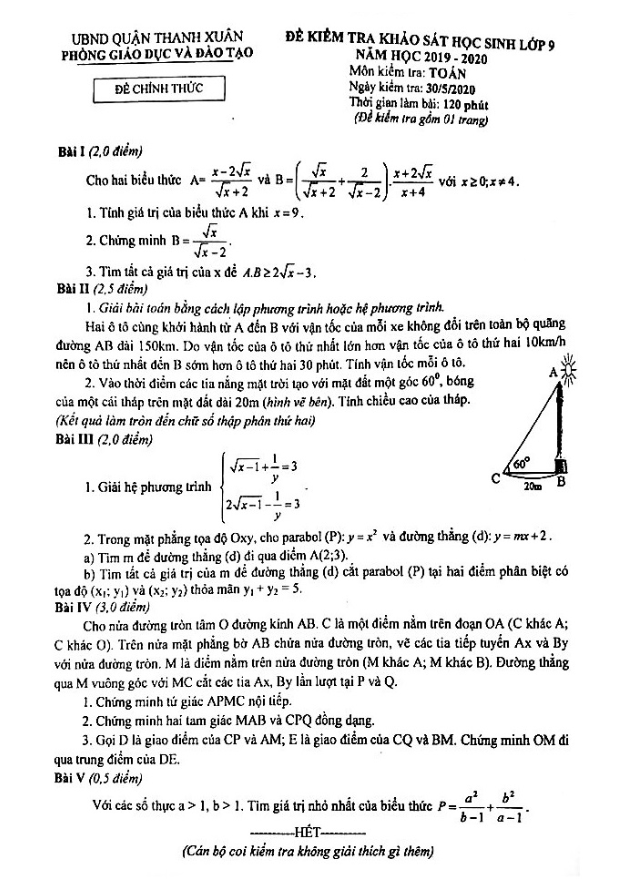 Đề khảo sát lớp 9 môn Toán năm 2019 2020 phòng GD ĐT Thanh Xuân Hà Nội