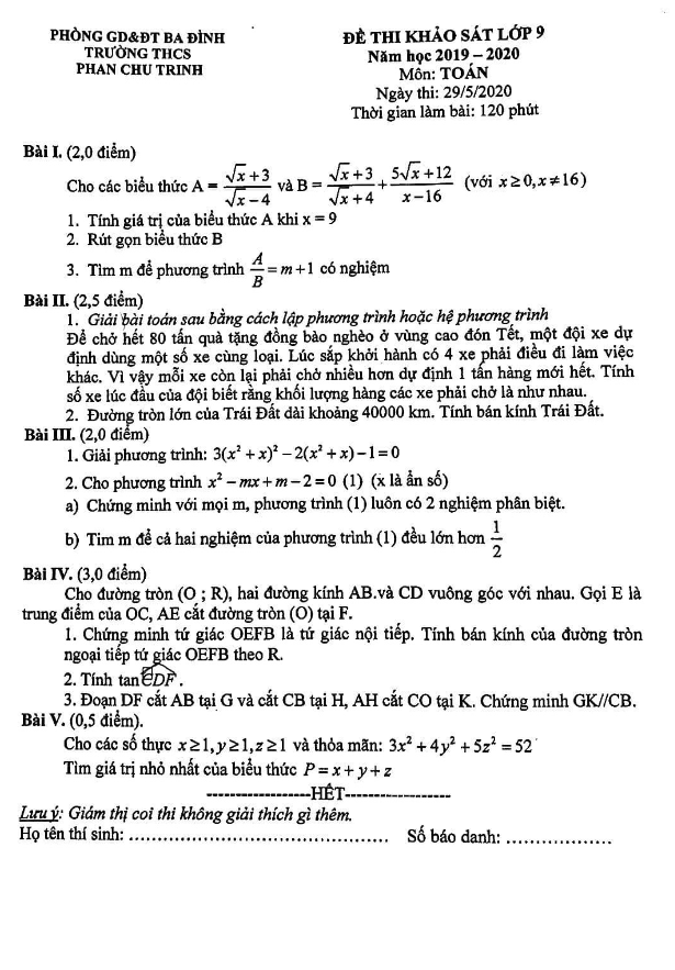 Đề khảo sát lớp 9 môn Toán năm 2019 2020 trường THCS Phan Chu Trinh Hà Nội