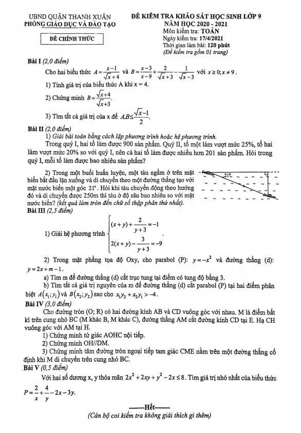 Đề khảo sát lớp 9 môn Toán năm 2020 2021 phòng GD ĐT Thanh Xuân Hà Nội