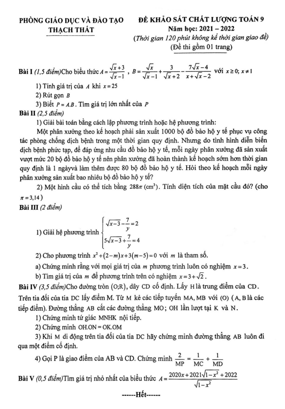 Đề khảo sát lớp 9 môn Toán năm 2021 2022 phòng GD ĐT Thạch Thất Hà Nội