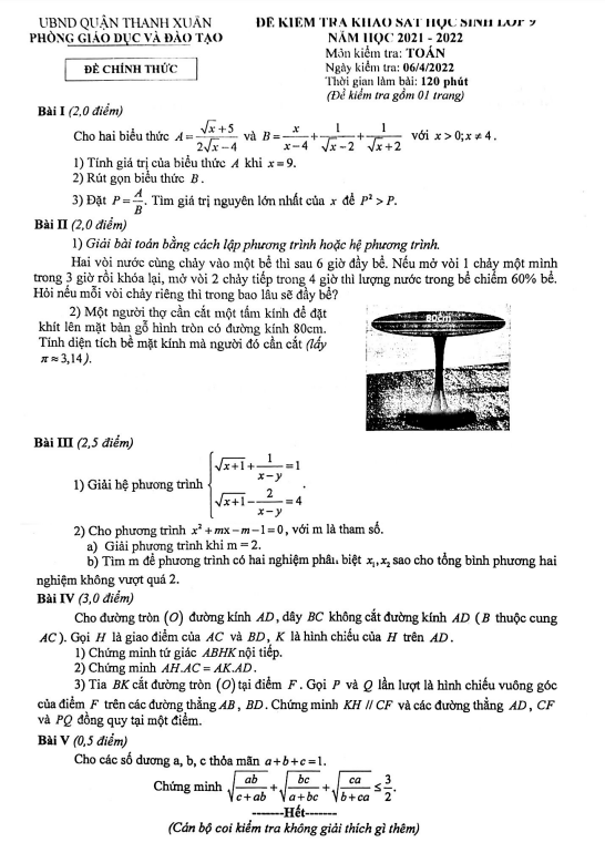 Đề khảo sát lớp 9 môn Toán năm 2021 2022 phòng GD ĐT Thanh Xuân Hà Nội