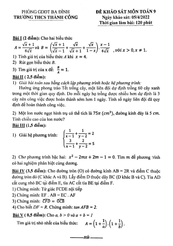 Đề khảo sát lớp 9 môn Toán năm 2021 2022 trường THCS Thành Công Hà Nội