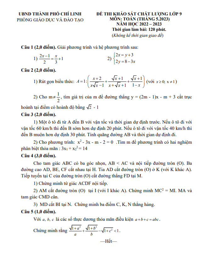 Đề khảo sát lớp 9 môn Toán năm 2022 2023 phòng GD ĐT Chí Linh Hải Dương