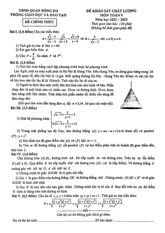 Đề khảo sát lớp 9 môn Toán năm 2022 2023 phòng GD ĐT Đống Đa Hà Nội