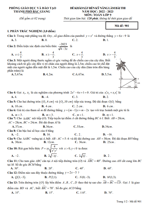 Đề khảo sát lớp 9 môn Toán năm 2022 2023 phòng GD ĐT thành phố Bắc Giang
