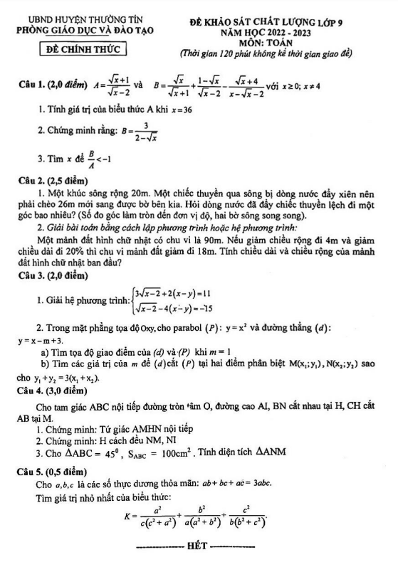 Đề khảo sát lớp 9 môn Toán năm 2022 2023 phòng GD ĐT Thường Tín Hà Nội