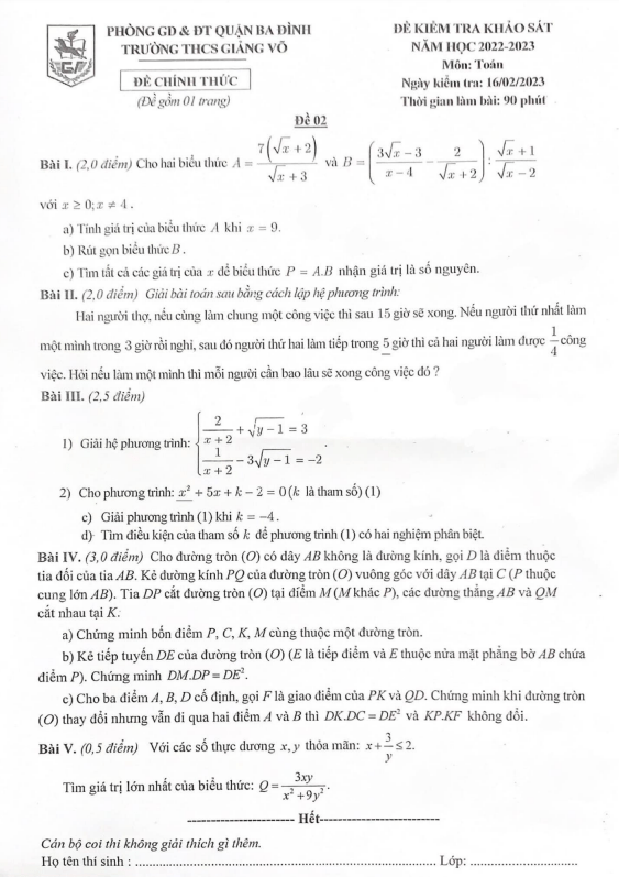 Đề khảo sát lớp 9 môn Toán năm 2022 2023 trường THCS Giảng Võ Hà Nội