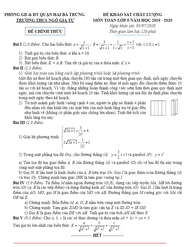 Đề khảo sát lớp 9 môn Toán năm học 2019 2020 trường THCS Ngô Gia Tự Hà Nội