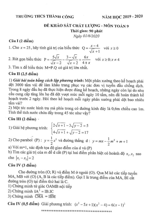 Đề khảo sát lớp 9 môn Toán năm học 2019 2020 trường THCS Thành Công Hà Nội