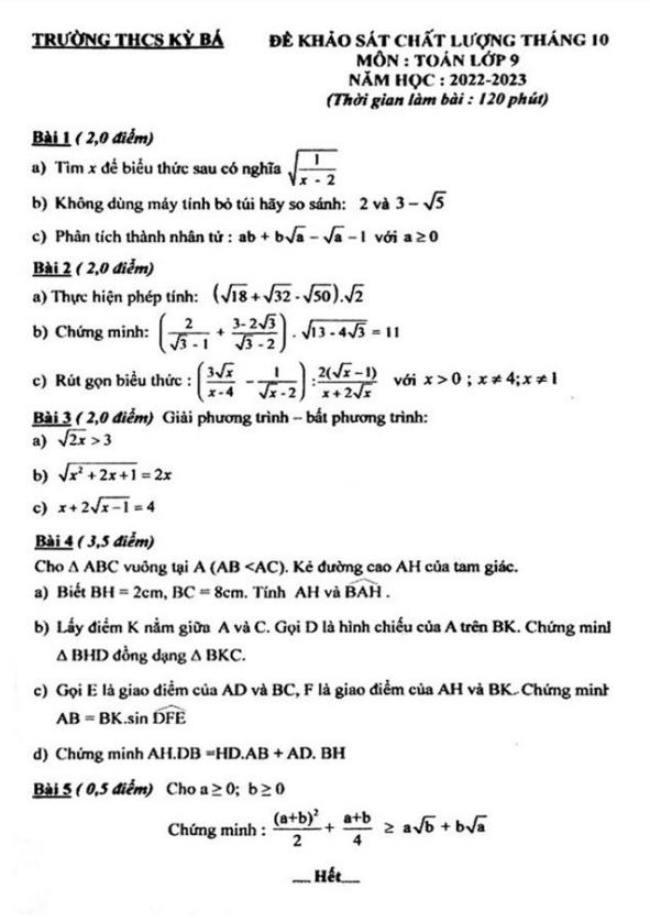 Đề khảo sát lớp 9 môn Toán tháng 10 năm 2022 trường THCS Kỳ Bá Thái Bình