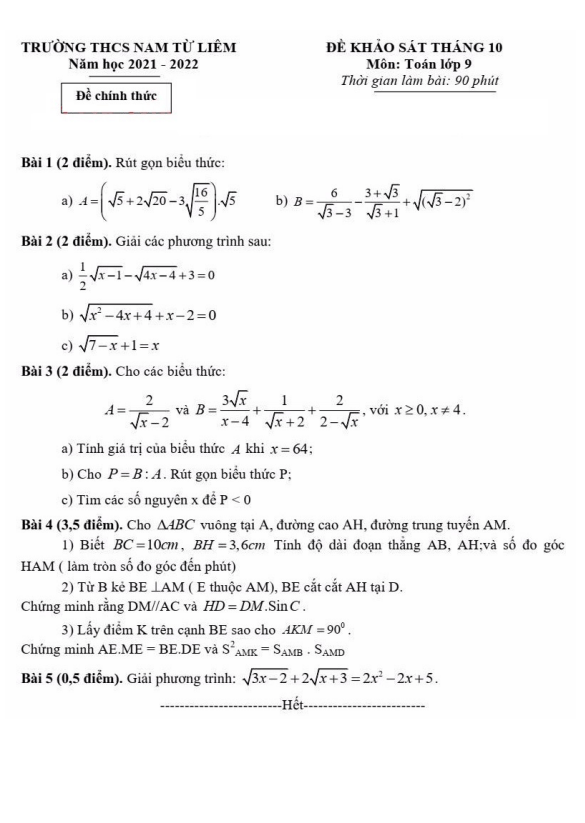 Đề khảo sát lớp 9 môn Toán tháng 10 năm học 2021 2022 trường THCS Nam Từ Liêm Hà Nội