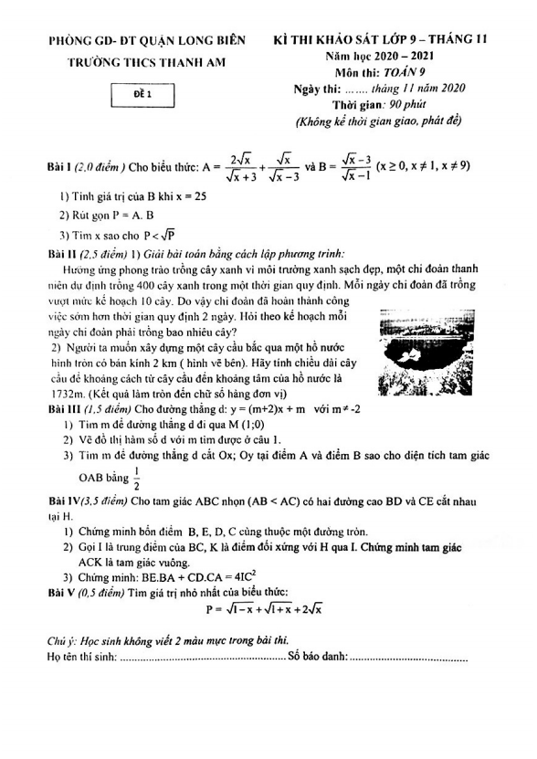Đề khảo sát lớp 9 môn Toán tháng 11 năm 2020 trường THCS Thanh Am Hà Nội