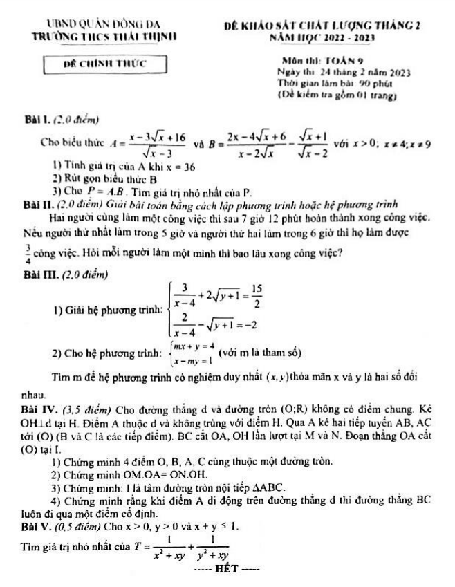 Đề khảo sát lớp 9 môn Toán tháng 2 năm 2023 trường THCS Thái Thịnh Hà Nội