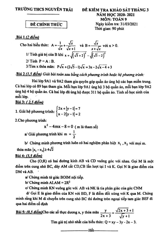 Đề khảo sát lớp 9 môn Toán tháng 3 năm 2021 trường THCS Nguyễn Trãi Hà Nội
