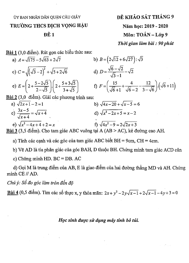 Đề khảo sát lớp 9 môn Toán tháng 9 năm 2019 2020 trường Dịch Vọng Hậu Hà Nội