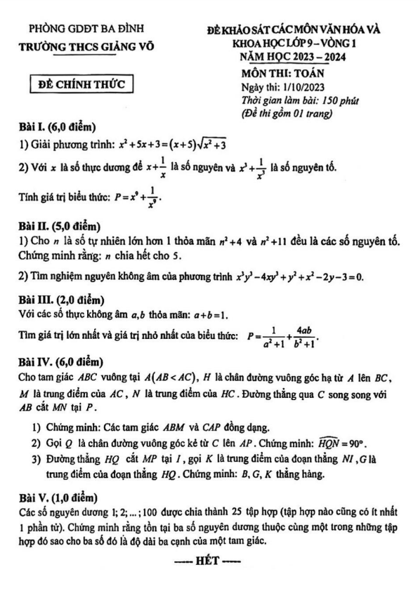 Đề khảo sát lớp 9 môn Toán vòng 1 năm 2023 2024 trường THCS Giảng Võ Hà Nội