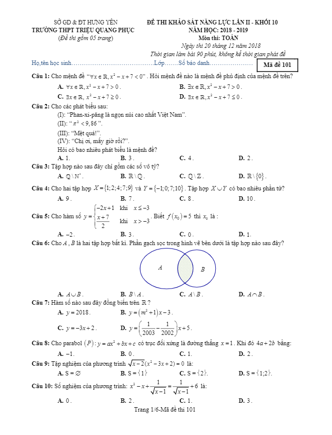 Đề khảo sát năng lực lớp 10 môn Toán năm 2018 2019 trường Triệu Quang Phục Hưng Yên lần 2