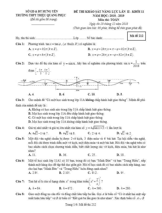 Đề khảo sát năng lực lớp 11 môn Toán năm 2018 2019 trường Triệu Quang Phục Hưng Yên lần 2