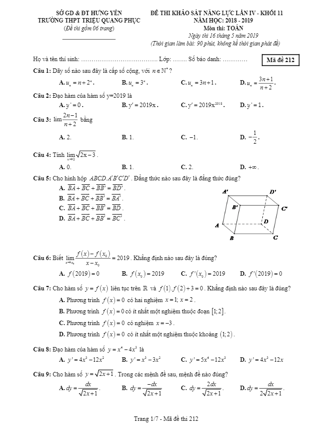 Đề khảo sát năng lực lớp 11 môn Toán năm 2018 – 2019 trường Triệu Quang Phục Hưng Yên lần 4