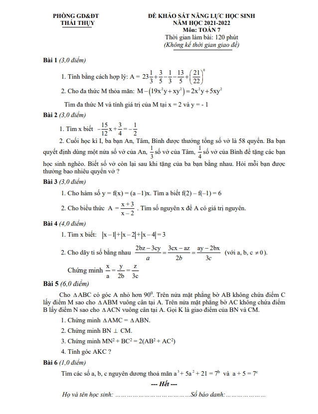 Đề khảo sát năng lực lớp 7 môn Toán năm 2021 2022 phòng GD ĐT Thái Thụy Thái Bình