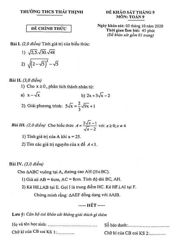 Đề khảo sát tháng 9/2020 lớp 9 môn Toán trường THCS Thái Thịnh Hà Nội