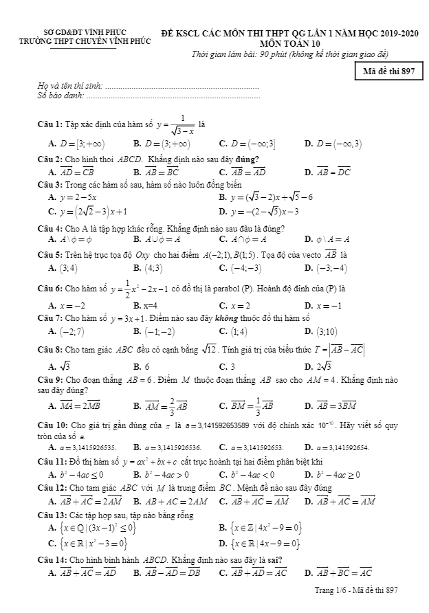 Đề khảo sát THPTQG lần 1 lớp 10 môn Toán năm 2019 2020 trường chuyên Vĩnh Phúc